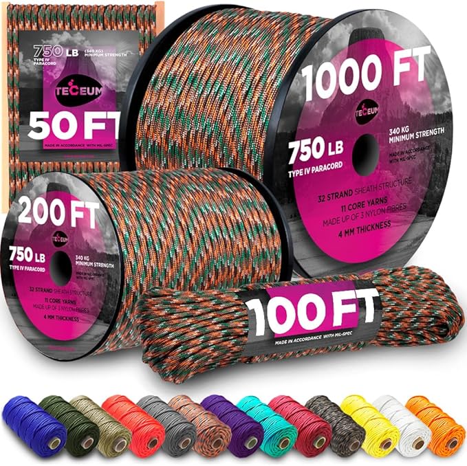 TECEUM 5/32" Paracord Rope 1000 – 1000ft / 200ft / 100ft / 50ft – Tactical Parachute Cord 4mm – 45+ Colors – Nylon String for Survival & Camping Gear – Stripe Cord for Survival – Utility Rope