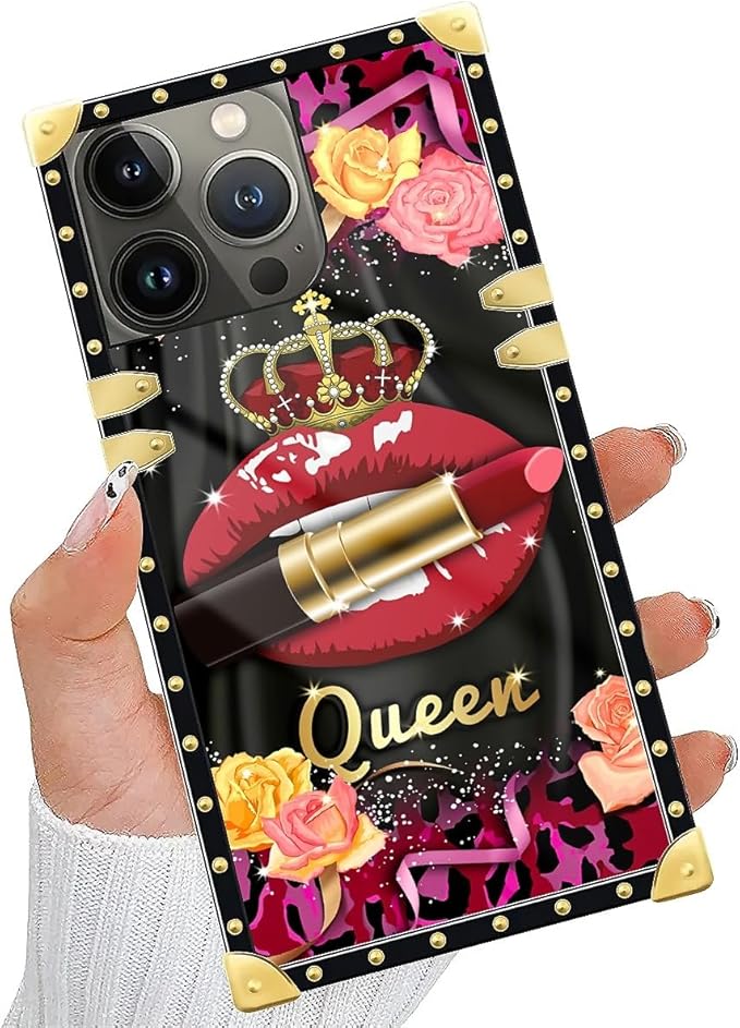 Compatible with iPhone 15 Pro Case, Queen Lip Crown Leopard Print Luxury Golden Decoration for Girl Women Soft TPU Shockproof Protective Hard PC Back for iPhone 15 Pro
