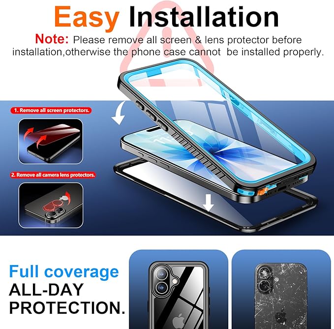 SPIDERCASE for iPhone 17 Case Waterproof, Built-in Lens & Screen Protector, Full Heavy Duty Protection, 12FT Military Shockproof, Dustproof, Anti-Scratched Phone Case,Blue/Clear