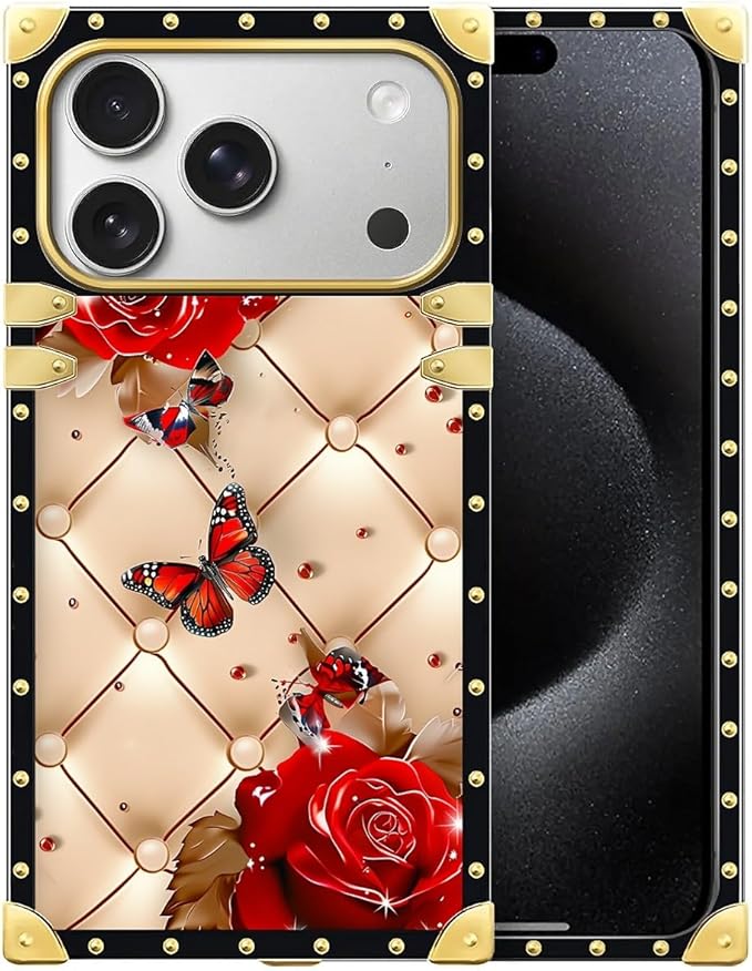 For iPhone 17 Pro Max Case Luxury Golden Decoration For Girl Women Soft TPU Shockproof Protective Hard PC Back For iPhone 17 Pro Max Crazy Pattern Shining Red Rose Butterfly Leather Background