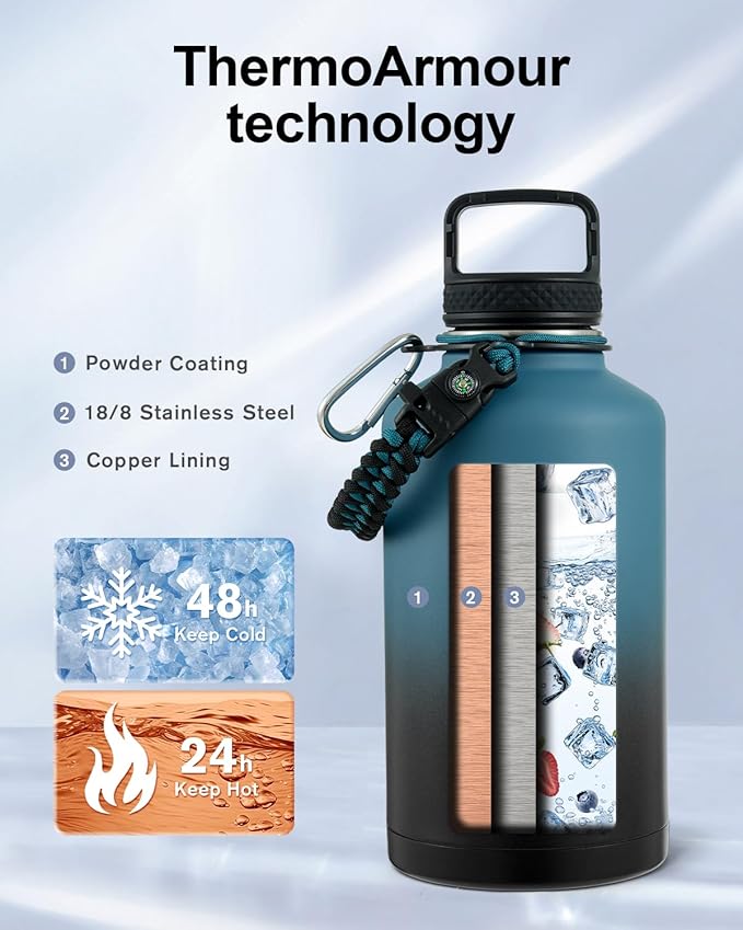 Trebo Water Bottle 64oz with Paracord Handle, Half Gallon Large Vacuum Triple Wall Stainless Steel Insulated Water Jug with Holder Strap Straw Spout Lids, Leakproof Keep Cold & Hot, Indigo/Black