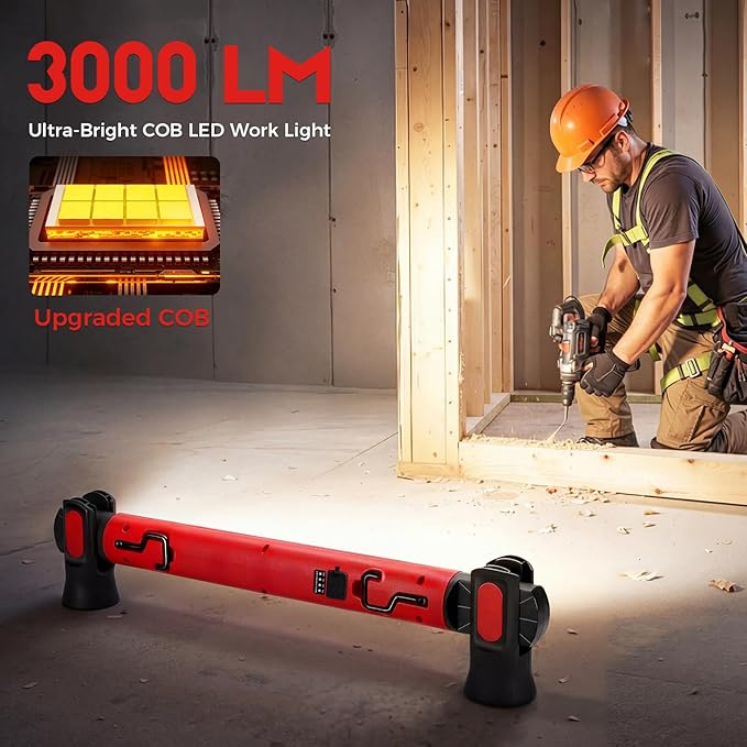 Work Light, 3000LM Ultra Bright LED Magnetic Light Bar, 5200mAh Cordless Rechargeable Work Lights with Hooks, Portable Under Hood Lights Machanic Tools for Car Repairing, Inspection, Garage, Emergency
