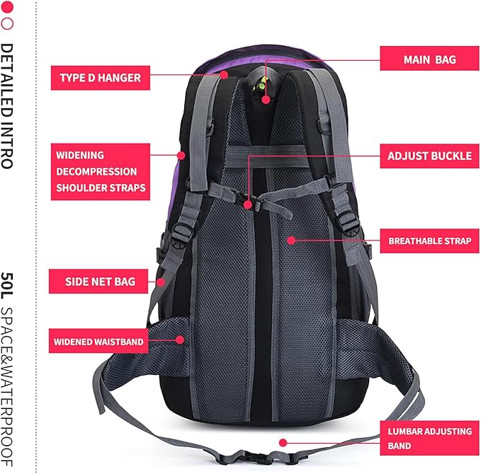 Bseash 50L Hiking Backpack, Water Resistant Lightweight Outdoor Sport Daypack Travel Bag for Camping Climbing Skiing Cycling (Purple - No Shoe Compartment)