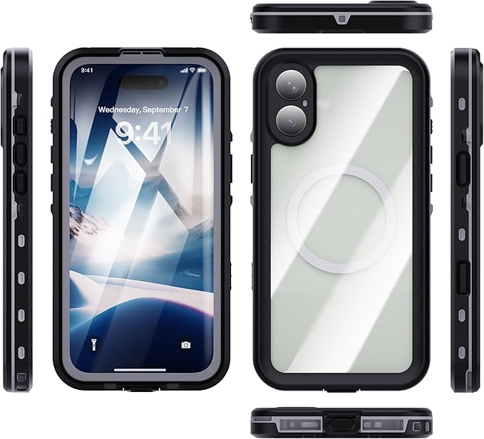 Compatible for iPhone 16 Plus Case Waterproof 【Compatible with Magsafe 】【IP68 Underwater】 Clear Magnetic Built-in Screen Protection Lanyard Diving Swim Dustproof Shockproof Black