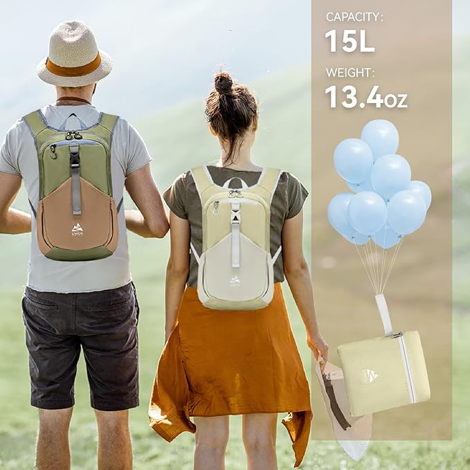 15L Small Hiking Backpack for Men Women Lightweight Packable Backpack Foldable Casual Daypack for Camping Travel Outdoor, Beige