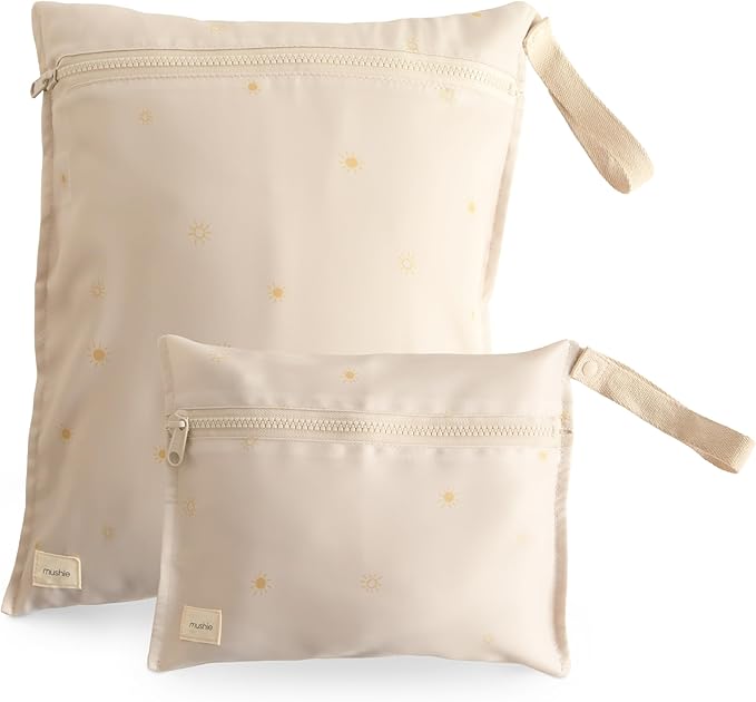 mushie Water Resistant Wet Bags | Large & Small Reusable Storage Bag for Baby Items and Travel | Zippered Pockets with Handle | Machine Washable, Set of 2 (Sun)
