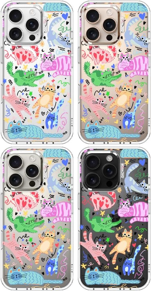 MOSNOVO for iPhone 16 Pro Case, Shockproof Military-Grade Protection 6.6ft Drop Tested, Clear Phone Case for iPhone 16 Pro, Doodle Cats Design