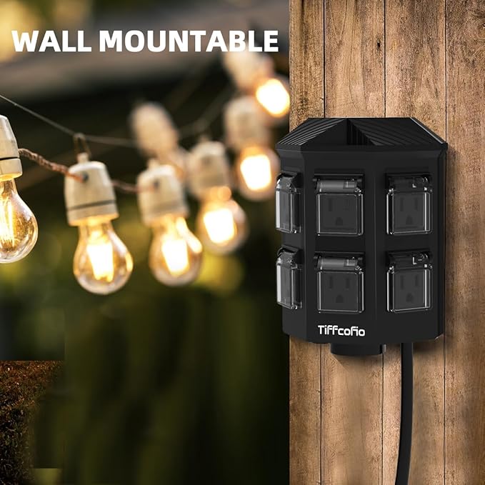 TiFFCOFiO Outdoor Power Strip with Stake Waterproof, 30 FT Extension Cord, 6 Grounded Outlets for Outdoor Lights, 14 AWG, 15A/1875W, ETL Listed