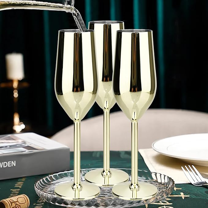 TJ Unbreakable 8 Oz Stainless Steel Champagne Flutes (2 Pack)- Gold Champagne Glasses - Reusable Indoor Outdoor Drinkware - Keeps Drink Cool for Longer - Gift Idea