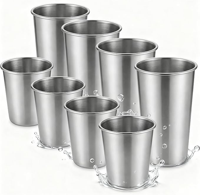 Stainless Steel Cups & Pint Tumblers Set of 8 - 4 Pack 8 oz + 4 Pack 16 oz Stackable, BPA Free Unbreakable 304 Metal Drinking Glasses for Children & Adults, Indoor Outdoor Picnic Travel Camping