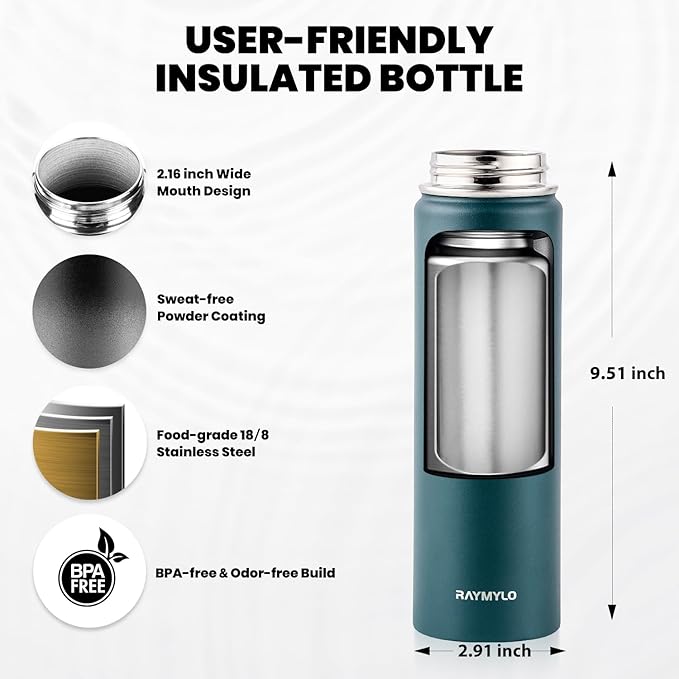 RAYMYLO Insulated Water Bottle 20 oz, Triple Wall Vacuum Stainless Steel (Cold for 24Hrs, Hot for 12Hrs), Leak Proof & Non-BPA, Kids Water Bottle Jug for School with Straw Spout Lids