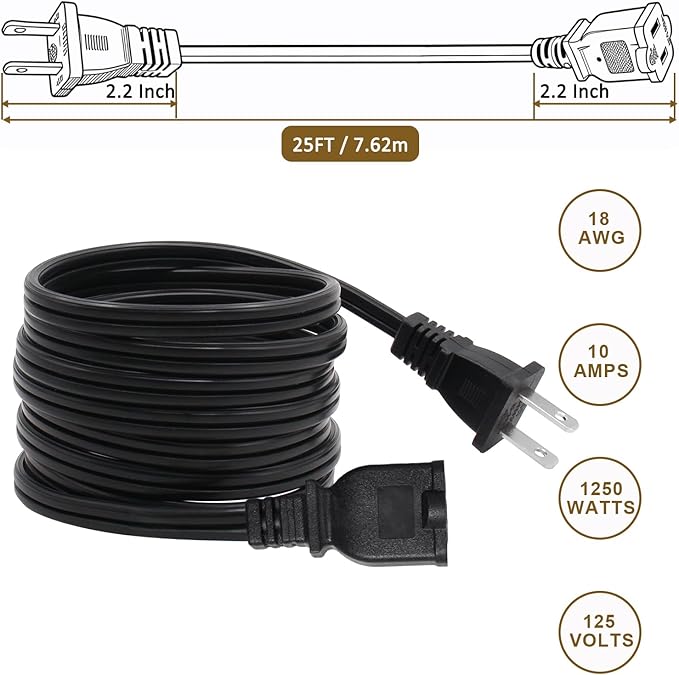 25 FT 2 Prong Extension Cord, 18AWG SPT-2 Indoor Male to Female Power Cord ETL Listed Extra Long Extension Cords, Flexible & Thin Design for Home Office Use, 10A 1250W, Polarized Plug, Black
