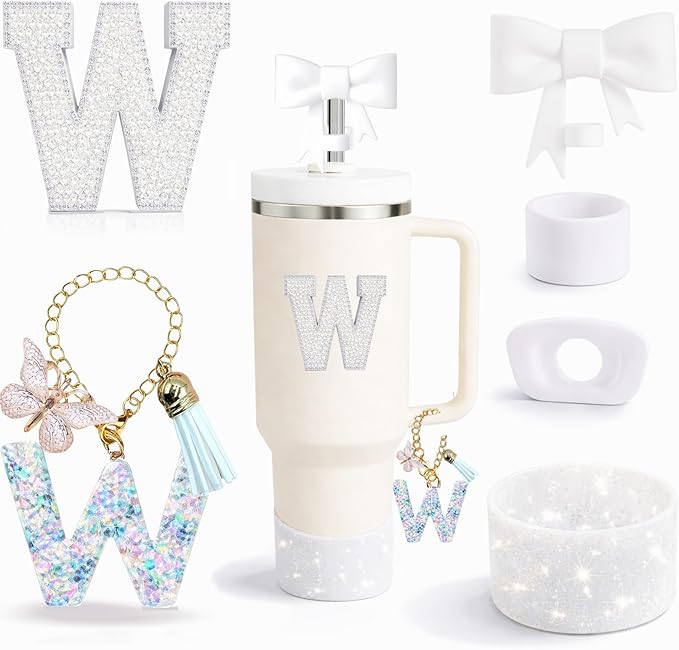 6PCS White Stanley Cup Accessories Set Fit for Stanley Cup 30oz 40oz. Including Handle Charm, Personalized Initial Sticker, Straw Topper, Sparkly Silicone Boot, Spill Proof Stopper (Letter-W)