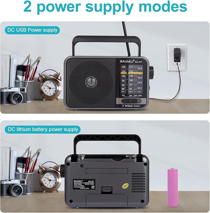 Portable AM/FM Transistor Radio with Loud Speaker, Battery or USB Powered - Compact Emergency Radio for Indoor, Outdoor, Travel & Storms (Model BJL-671)