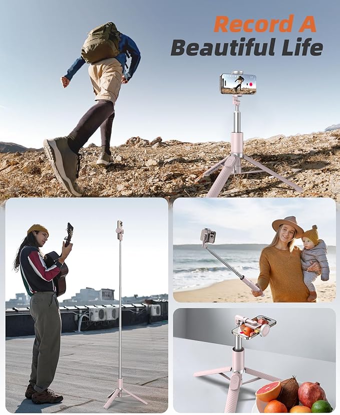 Vimose Phone Tripod & Selfie Stick with Remote, Portable, Lightweight for Video Recording Vlog, Extendable Travel Tripod Stand Compatible with iPhone Android, Pink, 62"