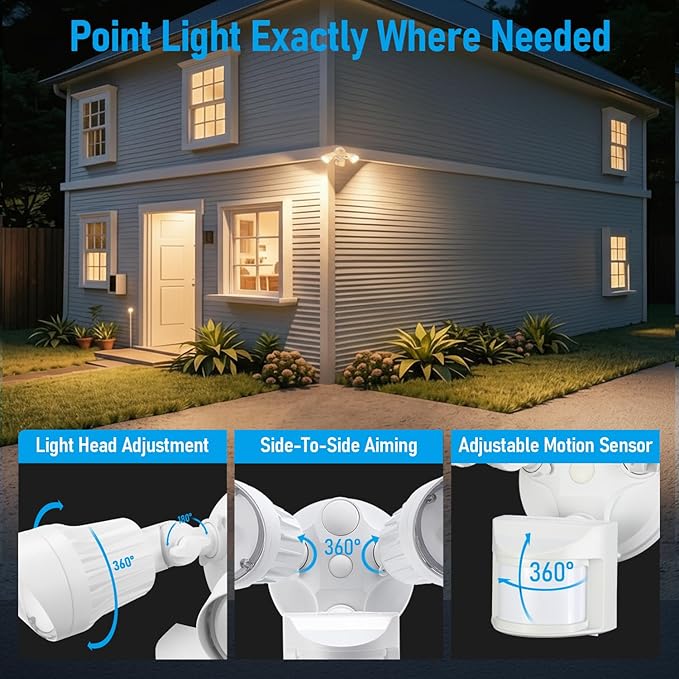 LEONLITE COB LED Security Light, Motion Sensor Outdoor Lights, Dusk to Dawn, 100-277V, ETL Listed, Adjustable Heads, Motion Detector Flood Light, Aluminum, IP65 Waterproof, 3000K Warm White, White