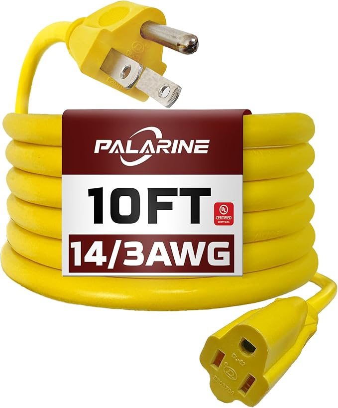 10ft Yellow Outdoor Extension Cord Waterproof, UL Listed, 14/3 SJTW Heavy Duty 3 Prong, 14 Gauge 15A Power Cord Ideal for Indoor Outdoor Lights, Appliances, and Lawn