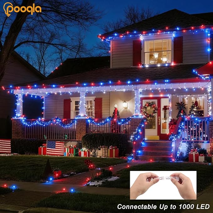 Pooqla 200 LED 66 FT 4th of July Decorations Lights, Red White Blue Patriotic String Lights, Outdoor Independence Day Fairy Lights 8 Modes Connectable for Home Yard Patio Party Decoration, Clear Wire