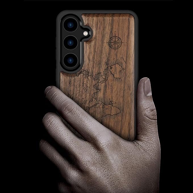Carveit Wood Case for Galaxy S24 Plus Case [Natural Wood & Black Soft TPU] Shockproof Protective Cover Unique Wooden Design Compatible with S24 Plus (Compass Maps-Walnut)