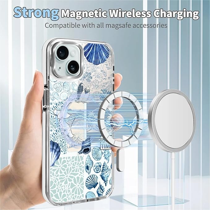 Case for iPhone 15,[Compatible with MagSafe],Sea Life Ocean Waves Seashell Collage Phone Case Design，for Women Girls Magnetic Clear Cover - Slim, Sleek, & Shockproof Protection
