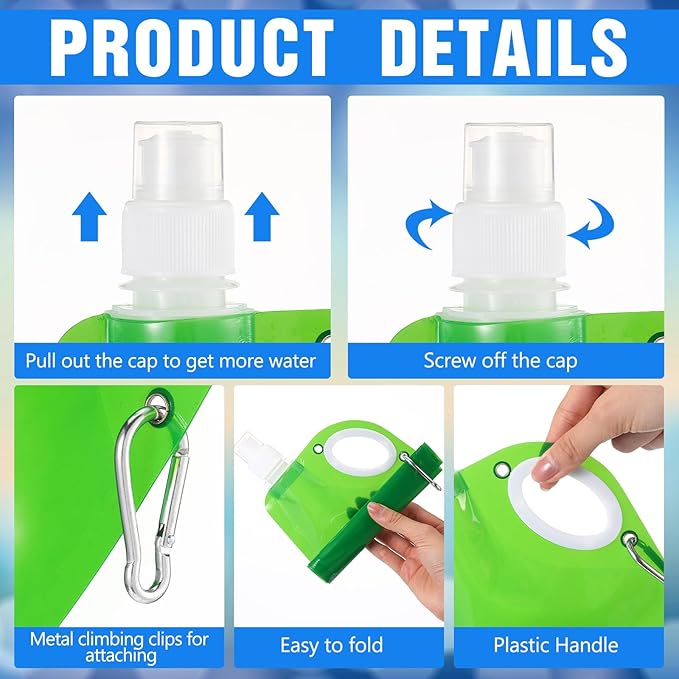 LemonRoad 22OZ Collapsible Water Bottles Bulk Foldable Water Bottles with Carabiner Reusable Drinking Bags Leak Proof Container Bag for Sports Biking Hiking Camping Outdoor Travel Emergency(48pcs)