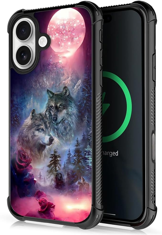 for iPhone 17 Case,for MagSafe Graphic Design for Girl Boy Soft Silicone Hard Acrylic Shock Protection Designed for iPhone 17 Star Two Wolfs Howling Pattern
