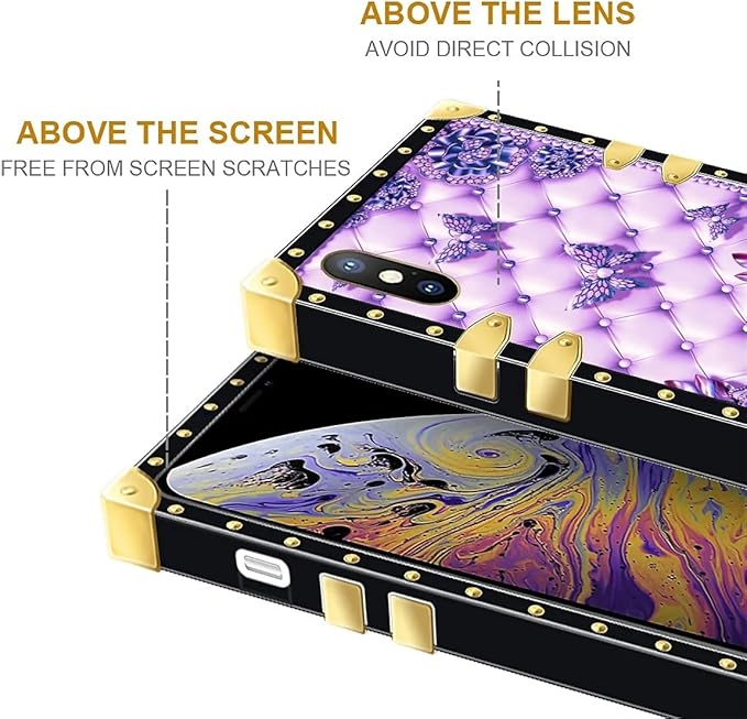 Compatible with iPhone XR Case, Purple Butterfly Flowers Leaf Luxury Golden Decoration for Girl Women Soft TPU Shockproof Protective Hard PC Back for iPhone XR