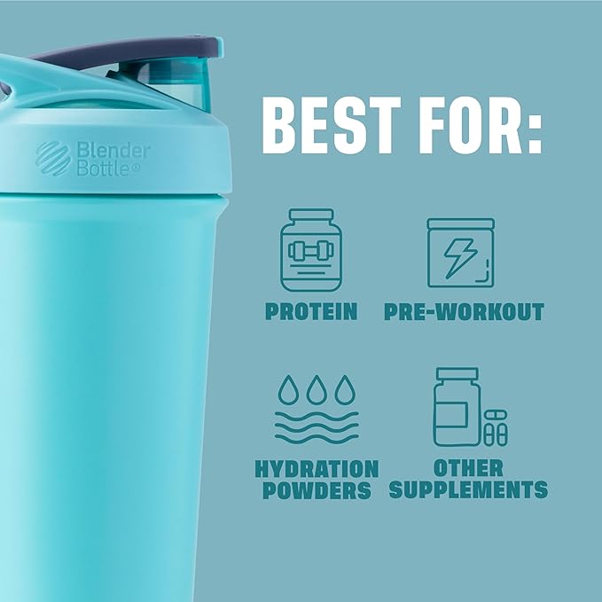 BlenderBottle Sport Sleek Shaker Cup Insulated Stainless Steel Water Bottle with Wire Whisk, 25-Ounce, Seafoam