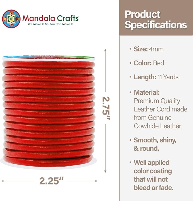 Mandala Crafts Round Cowhide Genuine Red Leather Cord for Jewelry Making Kumihimo Leather Rope Spool - Red 11 Yds 4mm Cording