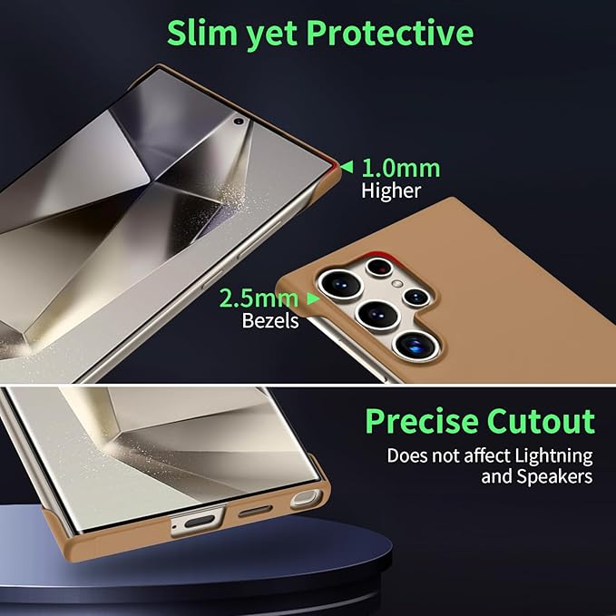 GRECAZO Slim Borderless for Samsung Galaxy S24 Ultra Phone Case 6.8"(2024) Ultra-Thin Lightweight Frameless Matte Hard PC Cover Case with Pull Ring Minimalist Non Slip Rope-Mocha