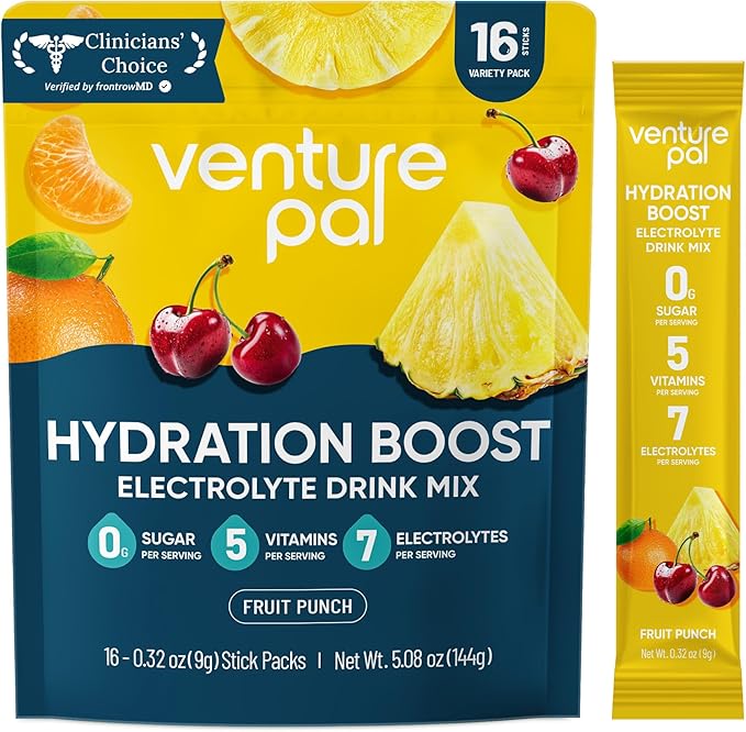 Venture Pal Sugar Free Electrolyte Powder Packets - Liquid Daily IV Hydration Packets for Rapid Rehydration | 7 Electrolytes & 5 Vitamins | Keto Friendly | Non-GMO | Vegan | Fast Dissolve | 16 Sticks