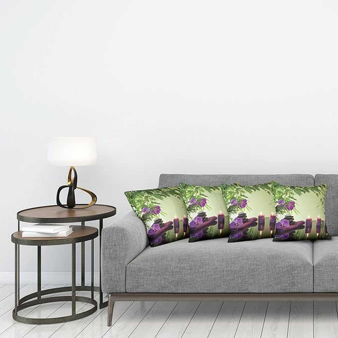 Ambesonne Spa Throw Pillow Cushion Case Pack of 4, Stones Aromatic Candles and Orchids Blooms Treatment Vacation, Modern Accent Double-Sided Digital Printing, 24", Green Purple