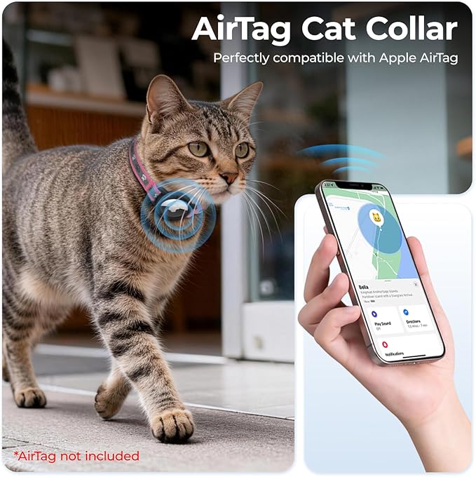 Breakaway AirTag Cat Collar, Reflective Cat Tracker Collar with Air Tag Holder and Bell, Safety Elastic Band Cat GPS Collars for Girl Boy Cats, Kittens and Puppies (Hotpink, 8-13'')