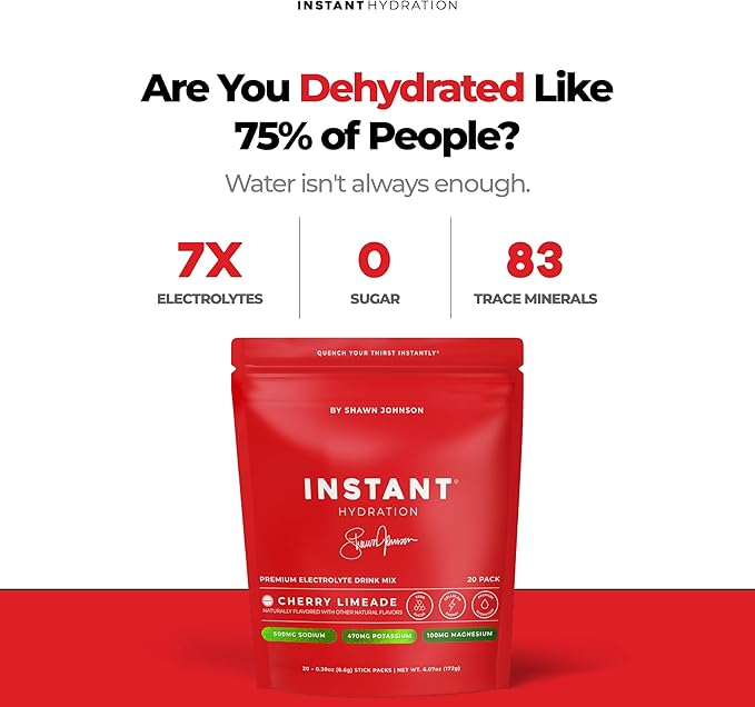Instant Hydration Sugar Free Electrolytes Powder Packets - Shawn Johnson Cherry Limeade Electrolyte Drink Mix & Travel Essentials - Boost Recovery, Brain Health, Muscle & Tissue Support - 20 Count