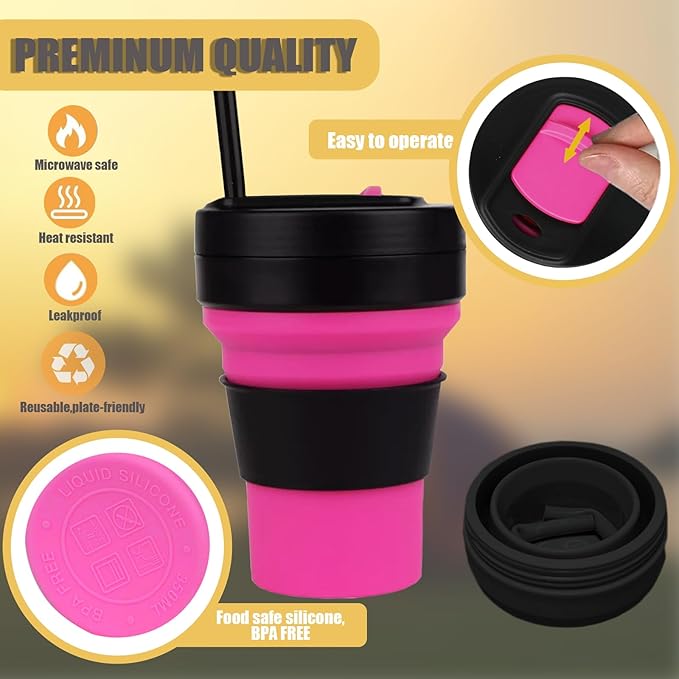 12 Oz Silicone Collapsible Travel Cup,Portable Silicone Water Bottle for Hot and Cold Beverages, Reusable Folding Drinking Cup with Lids 350ml for Camp Hiking Travel with Straw -Black Rose