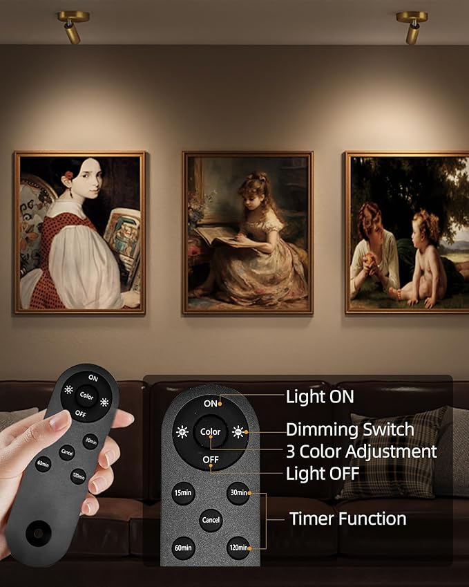 EZVALO LED Spotlight Indoor, 5500mAh Rechargeable Battery-Powered Picture Lights, Wireless Mini Art Accent Spotlights with Remote, Uplighting for Plants, Display, Artwork (1-Pack-Gold)