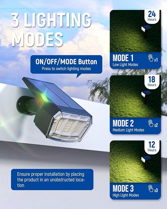 AUDERWIN Solar spotlights Outdoor 63 LED 3 Lighting Modes, IP65 Waterproof Lighten Yard Garden House Garage Pathway for Christmas Decorations-10 Pack