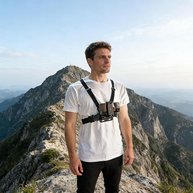 Adjustable Mobile Phone Chest Strap Harness Mount, Black, Compatible with iPhone, GoPro Hero, DJI Osmo Action Cameras