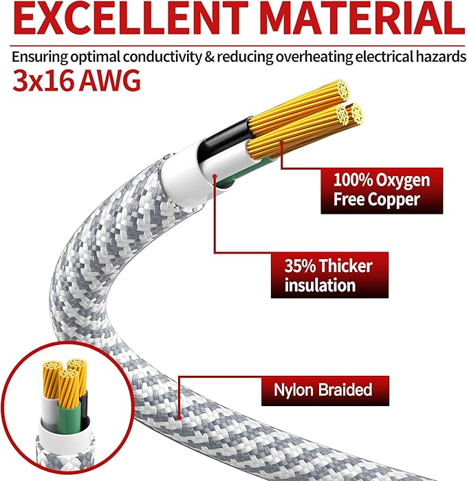 16/3 Braided Extension Cord 15 FT, Braided Extension Cord Flexible & Durable, Indoor 3 Prong Power Cable, Suitable for Home and Office, 13 Amp 1625 Watt 125VAC 16AWG, ETL Listed