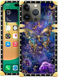 Compatible with iPhone 14 Pro Case, Glistening Golden Butterfly Vibrant Purple Blue Luxury Golden Decoration for Girl Women Soft TPU Shockproof Protective Hard PC Back