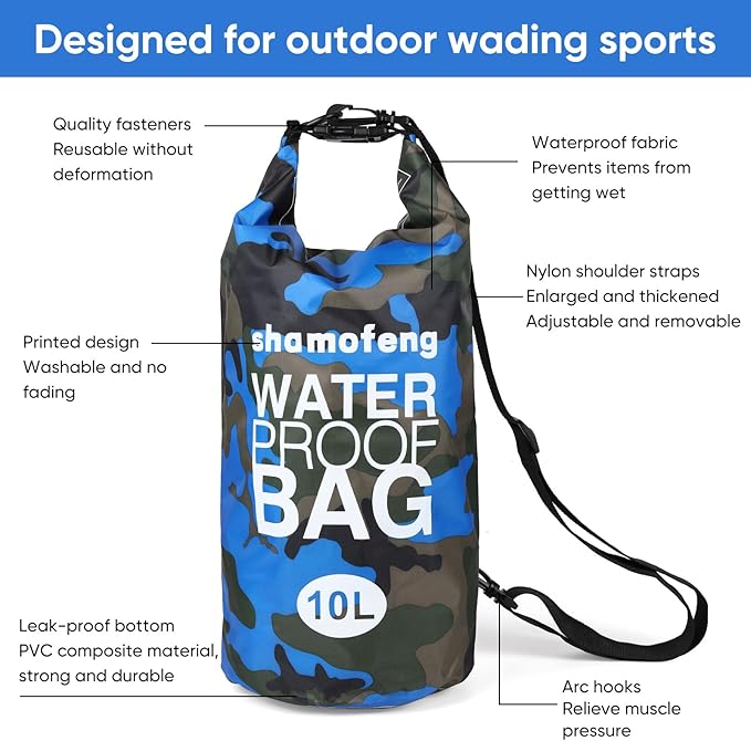 Waterproof Dry Bag 5L/10L/15L/20L/30L Roll Top Dry Storage Backpack with Phone Case, Collapsible Water Bottle, Sunglasses, Ear Band for Kayaking Boating Swimming Fishing Camping,Blue 30L