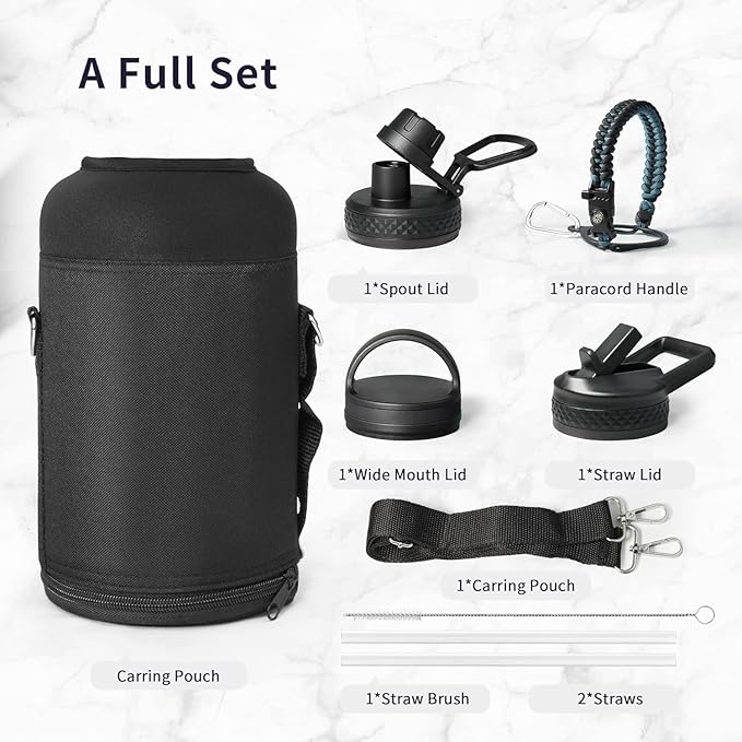 Trebo One Gallon Water Bottle Insulated with Paracord Handle,128oz Large Stainless Steel Water Jug,Vacuum Triple Wall Insulated 24hr Cold Retention,Leakproof Flask with 3 Lids,Indigo Black