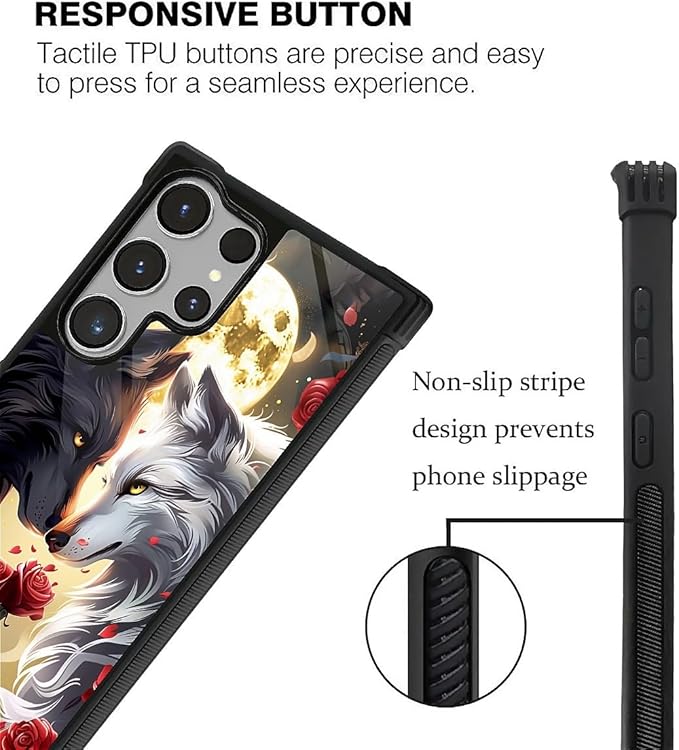 for Samsung Galaxy S26 Ultra Case,Graphic Design for Girl Boy Soft Silicone Hard Acrylic Shock Protection Designed for Samsung Galaxy S26 Ultra Black White Wolf Moon Flower Rose Pattern