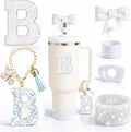 6PCS White Stanley Cup Accessories Set Fit for Stanley Cup 30oz 40oz. Including Handle Charm, Personalized Initial Sticker, Straw Topper, Sparkly Silicone Boot, Spill Proof Stopper (Letter-B)