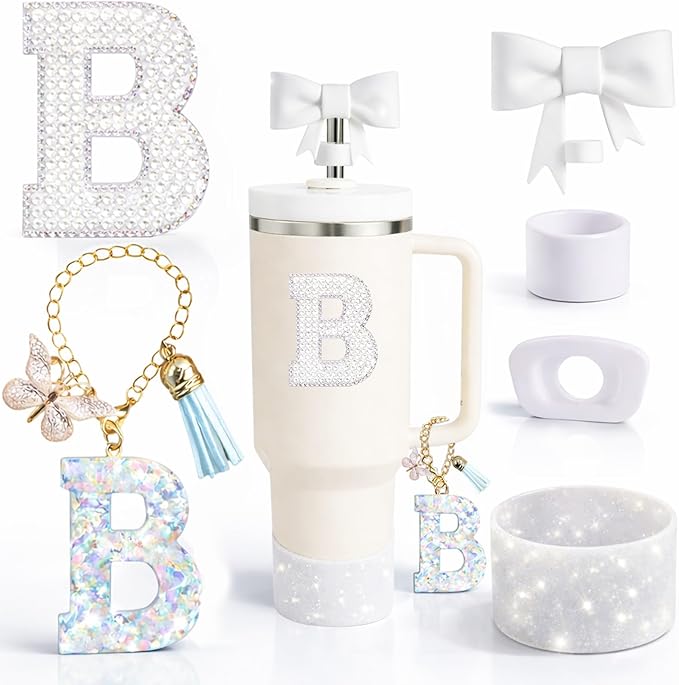6PCS White Stanley Cup Accessories Set Fit for Stanley Cup 30oz 40oz. Including Handle Charm, Personalized Initial Sticker, Straw Topper, Sparkly Silicone Boot, Spill Proof Stopper (Letter-B)