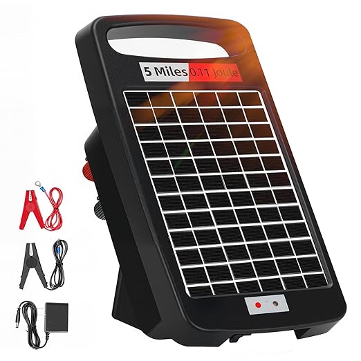 5 Miles Solar Powered Electric Fence Charger – 0.11J Output, 24/7 Day/Night Protection, Portable Fence Energizer for Dogs, Chickens, Garden & Livestock, Rechargeable Solar Panel, Rugged & Waterproof