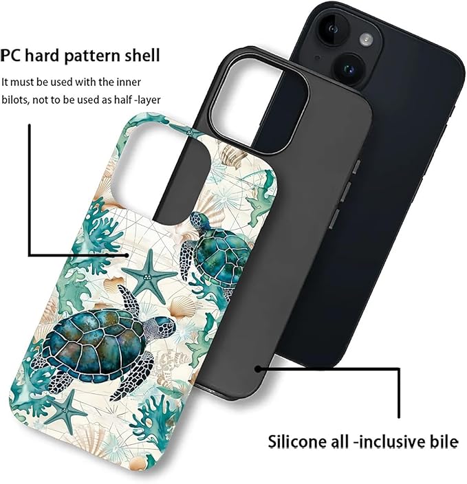 for iPhone 14 Plus Case,HH2 Ocean Sea Turtle Nautical Map Hybrid 2 Layer Hard Shell Silicone Protective Pattern Design Case