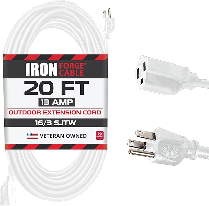 Iron Forge Cable Weatherproof 20 Ft Outdoor Extension Cord - 16/3 SJTW Heavy Duty White Extension Cord 20ft 3 Prong - 13 Amp Exterior Power Cable
