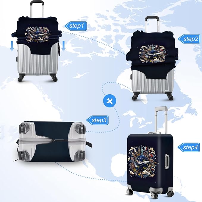 ANNA QUEEN Travel Globe Airplane Luggage Cover -Stretchable Airplane Suitcase Protector Sleeve,Universal Washable Fit for 20-26 Inch Checked Baggage,Water Resistant Durable Luggage Protector