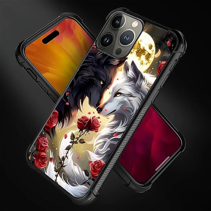 for iPhone 15 Pro Case, Black White Wolf Moon Flower Rose Pattern Graphic Design Girl Boy Soft Silicone Hard Acrylic Shock Protection for iPhone 15 Pro